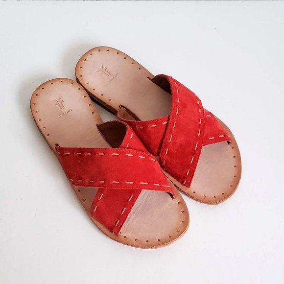 New FRYE Avery 5.5 - 6 Leather Suede Sandals Flat Slide Slip-on Contrast Stitch - Picture 12 of 13